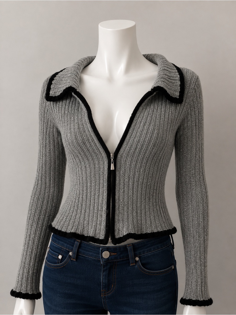 Gray Ribbed Zip-Front Sweater with Black Trim